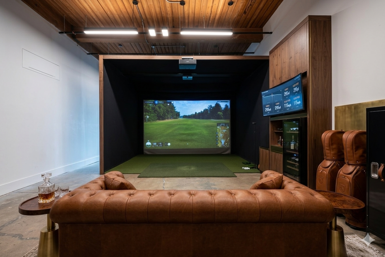 Private golf simulator bay with TrackMan data screens and leather couch at Philadelphia Golf Club